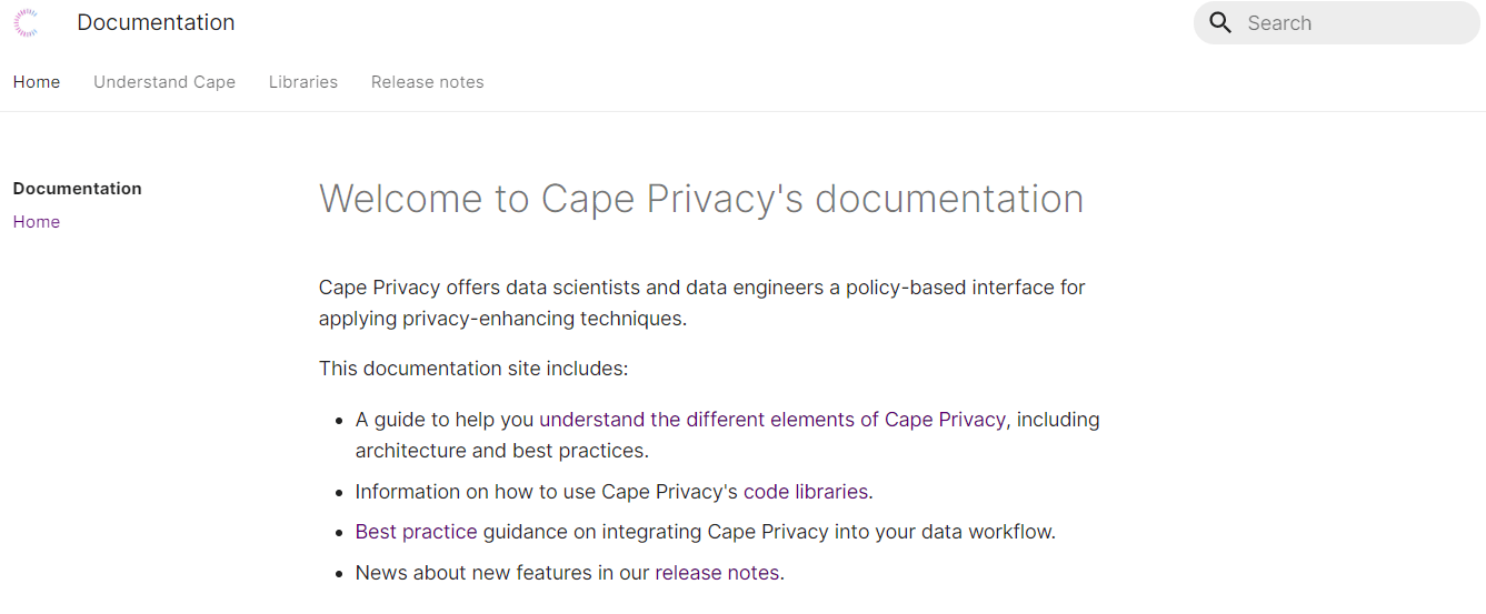 Screenshot of the Cape Privacy documentation homepage