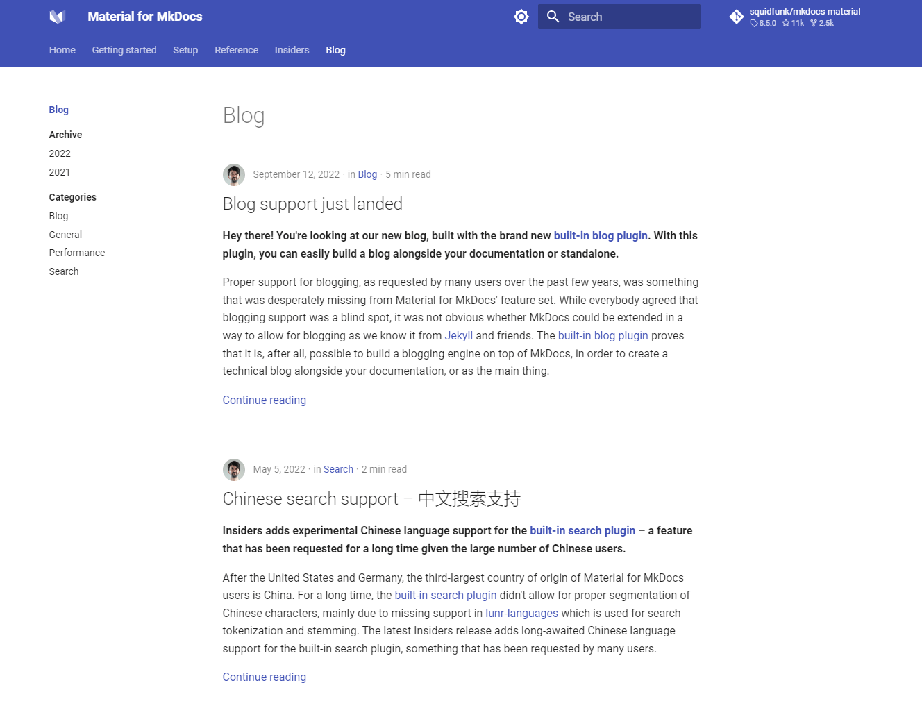 Screenshot showing the default look and feel of the Material for MkDocs blog